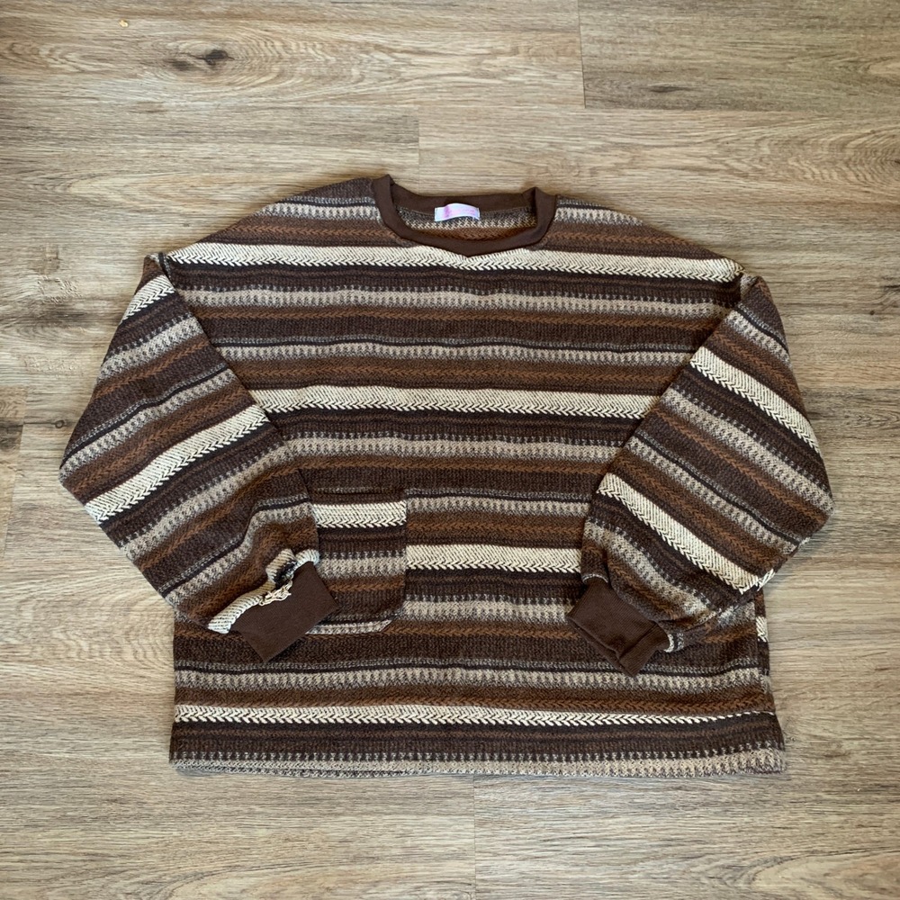 Vintage 90s Fashion Classic Collection Brown Striped Sweater Oversized Pocket XL